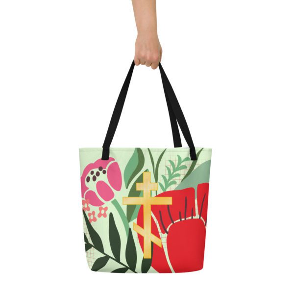 Floral Leaves All-Over Print Large Tote Bag, Gold Orthodox Cross Bag With Inside Pocket